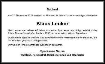 Traueranzeige von Klaus Leuker von Rheinische Post