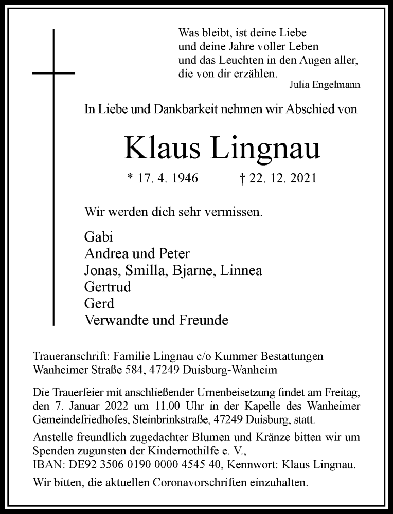  Traueranzeige für Klaus Lingnau vom 03.01.2022 aus Rheinische Post