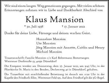 Traueranzeige von Klaus Mansion von Rheinische Post
