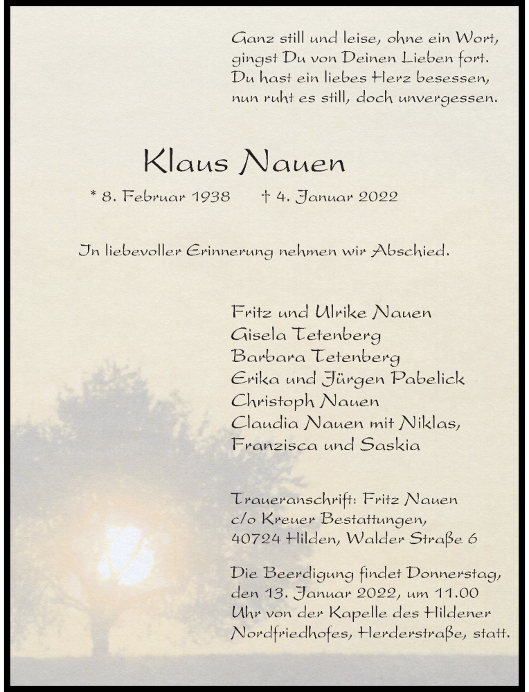  Traueranzeige für Klaus Nauen vom 12.01.2022 aus Rheinische Post