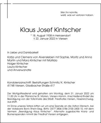Traueranzeige von Klaus Josef Kintscher von Rheinische Post