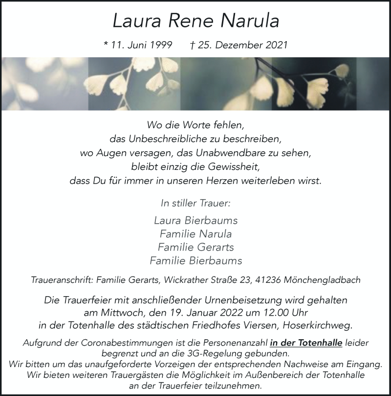  Traueranzeige für Laura Rene Narula vom 15.01.2022 aus Rheinische Post
