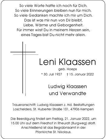 Traueranzeige von Leni Klaassen von Rheinische Post