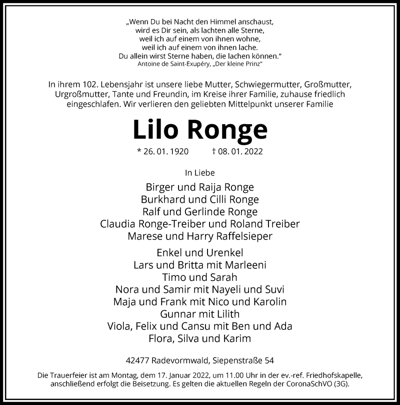  Traueranzeige für Lilo Ronge vom 12.01.2022 aus Rheinische Post