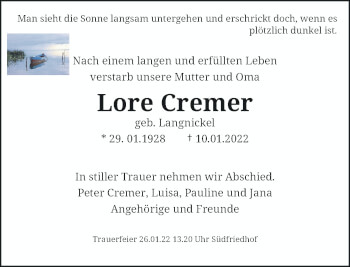 Traueranzeige von Lore Cremer von Rheinische Post