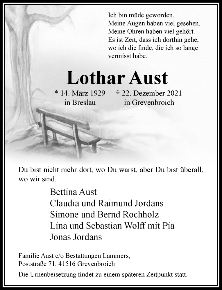  Traueranzeige für Lothar Aust vom 08.01.2022 aus Rheinische Post