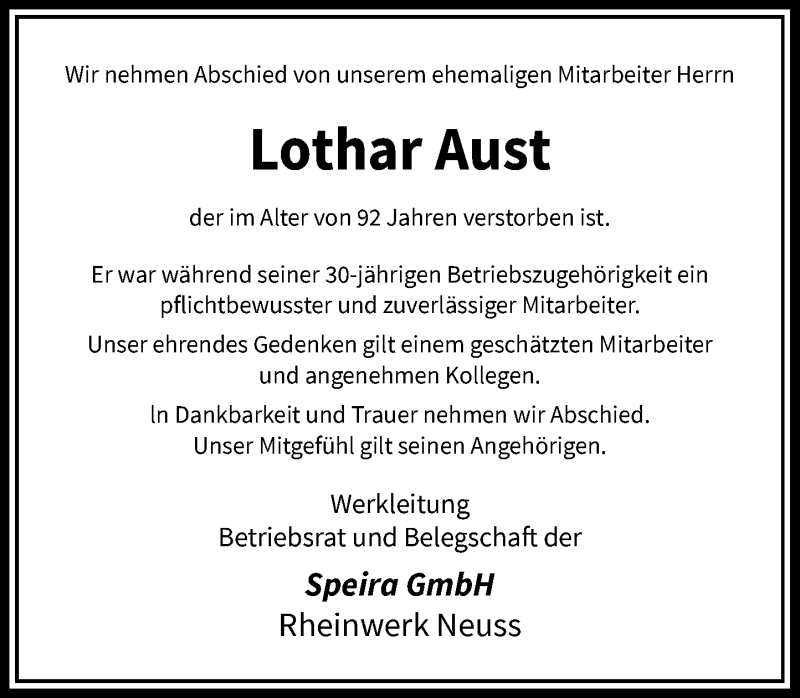  Traueranzeige für Lothar Aust vom 12.01.2022 aus Rheinische Post