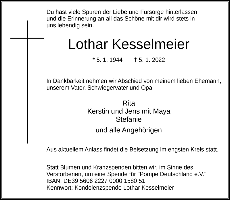 Traueranzeige für Lothar Kesselmeier vom 22.01.2022 aus Rheinische Post