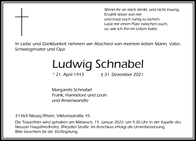  Traueranzeige für Ludwig Schnabel vom 14.01.2022 aus Rheinische Post