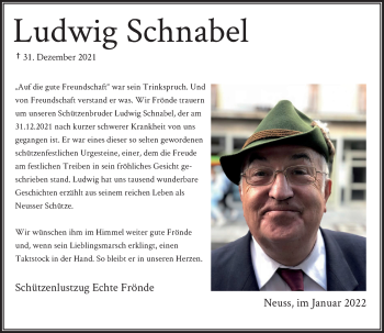 Traueranzeige von Ludwig Schnabel von Rheinische Post