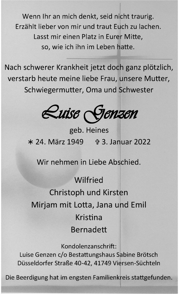  Traueranzeige für Luise Genzen vom 12.01.2022 aus Rheinische Post