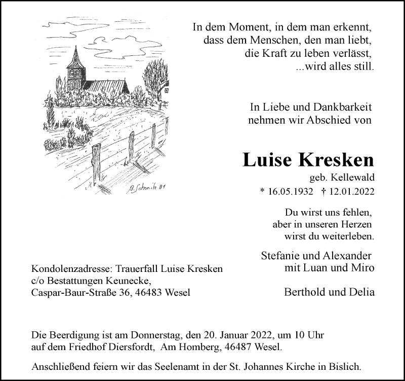  Traueranzeige für Luise Kresken vom 15.01.2022 aus Rheinische Post