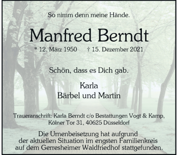 Traueranzeige von Manfred Berndt von Rheinische Post