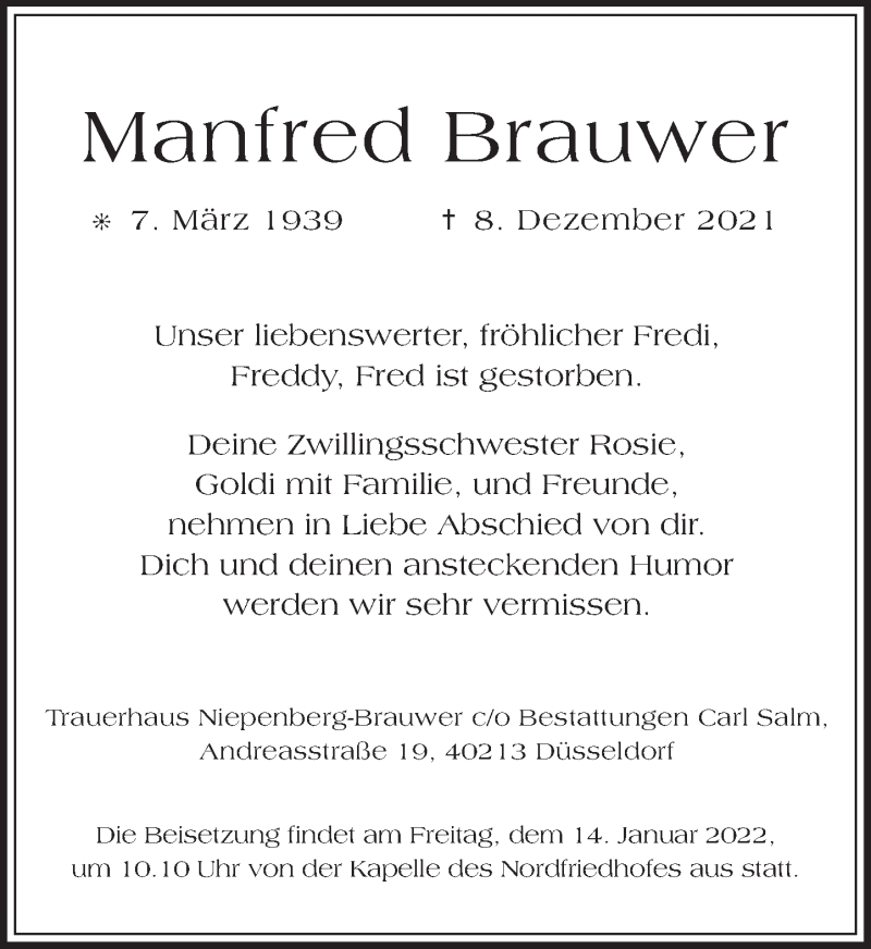  Traueranzeige für Manfred Brauwer vom 12.01.2022 aus Rheinische Post