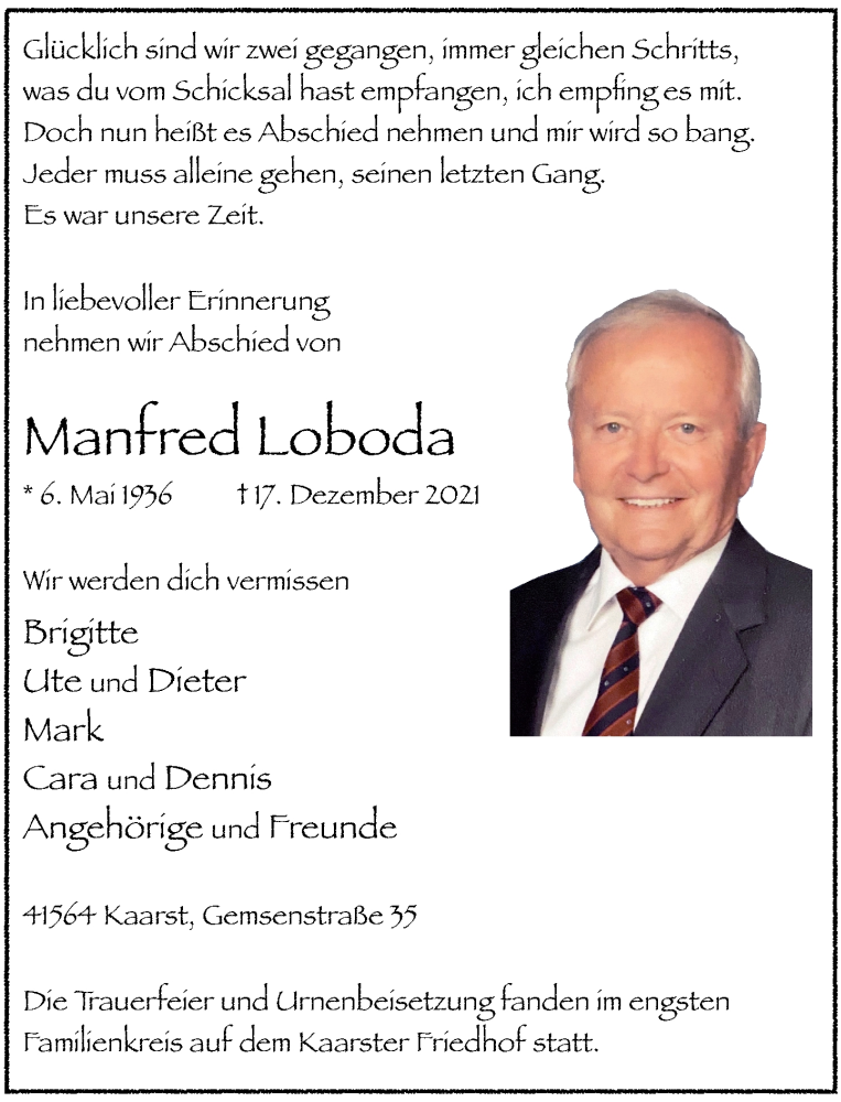  Traueranzeige für Manfred Loboda vom 08.01.2022 aus Rheinische Post