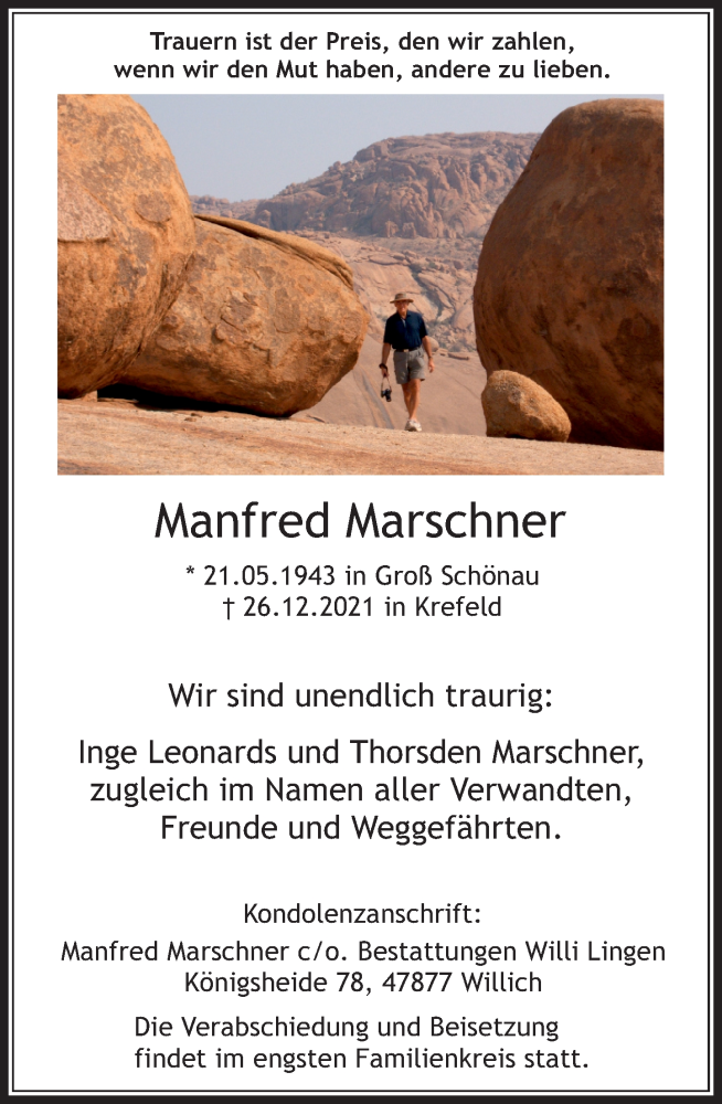  Traueranzeige für Manfred Marschner vom 15.01.2022 aus Rheinische Post
