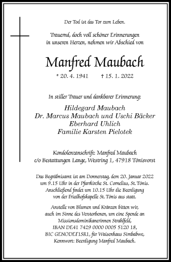 Traueranzeige von Manfred Maubach von Rheinische Post