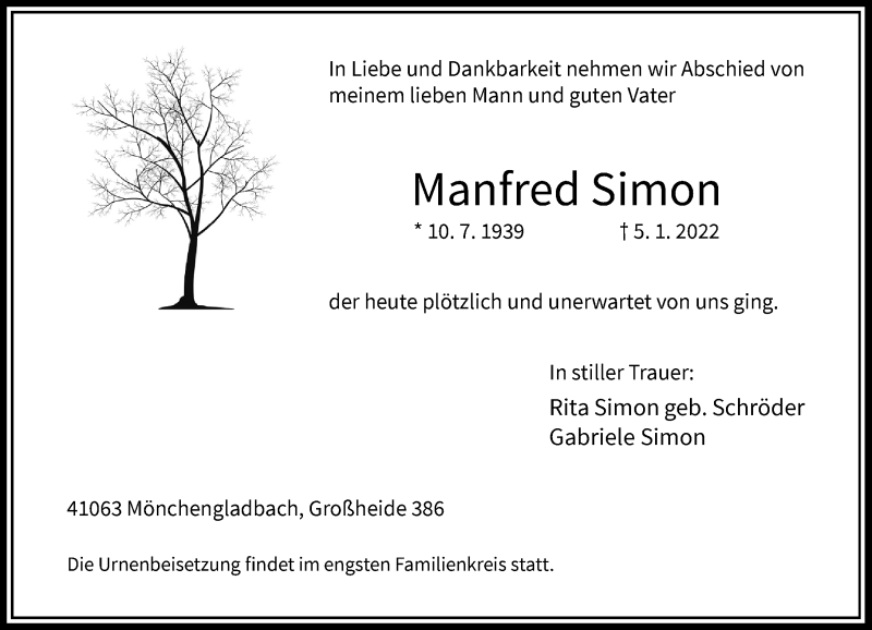  Traueranzeige für Manfred Simon vom 08.01.2022 aus Rheinische Post