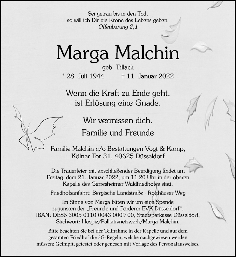  Traueranzeige für Marga Malchin vom 15.01.2022 aus Rheinische Post