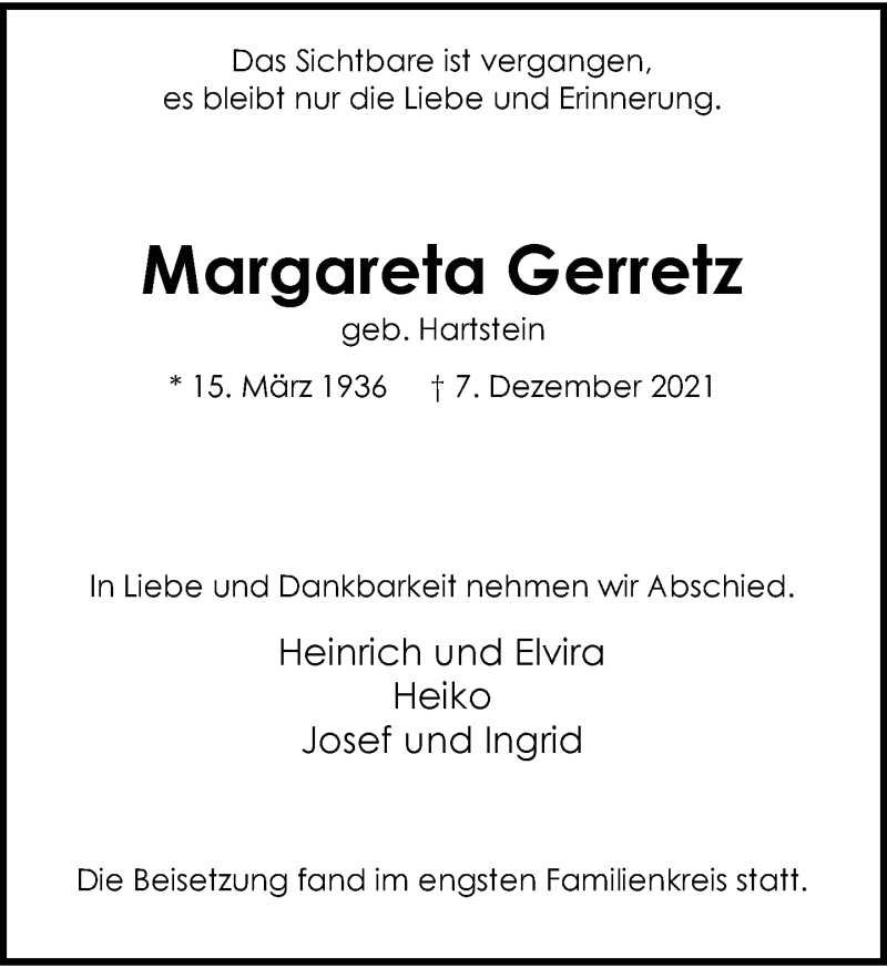  Traueranzeige für Margareta Gerretz vom 15.01.2022 aus Rheinische Post