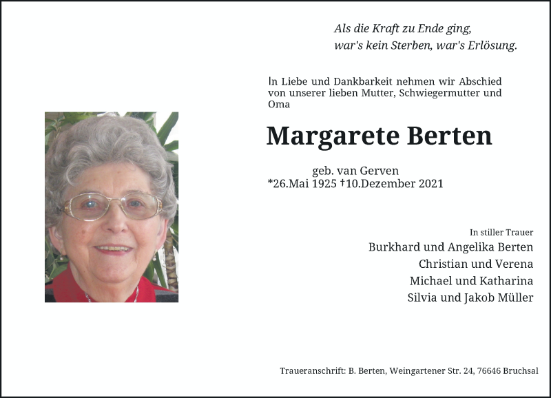  Traueranzeige für Margarete Berten vom 08.01.2022 aus Rheinische Post