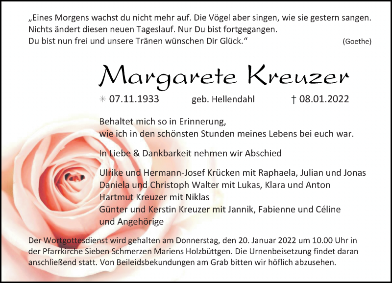  Traueranzeige für Margarete Kreuzer vom 15.01.2022 aus Rheinische Post