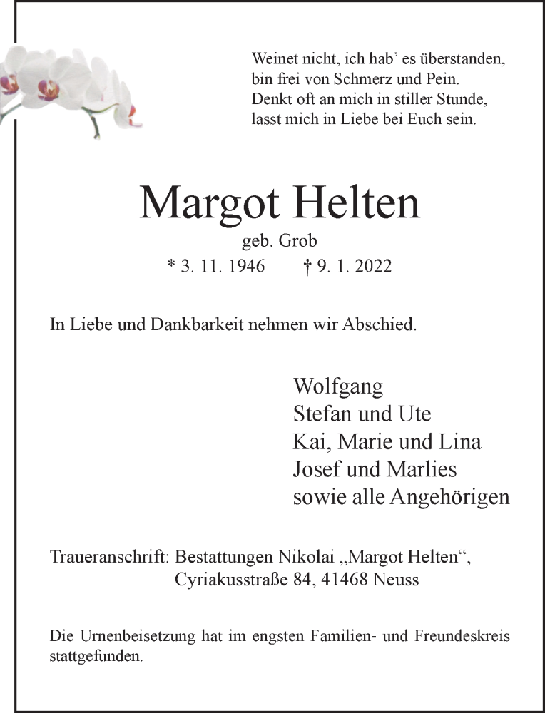 Traueranzeige für Margot Helten vom 22.01.2022 aus Rheinische Post