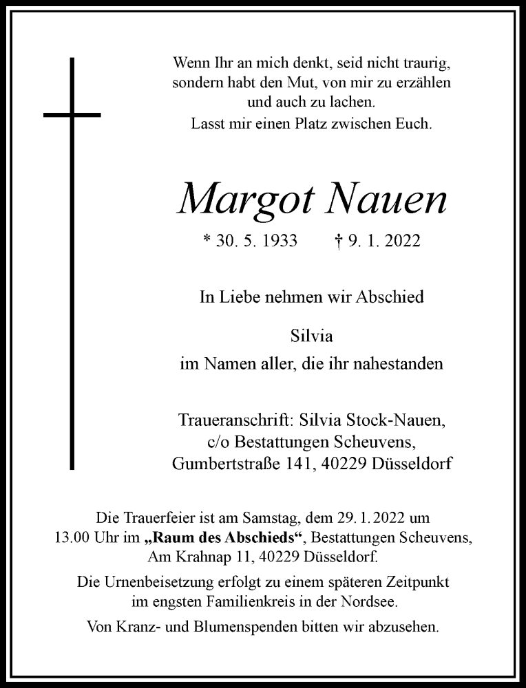  Traueranzeige für Margot Nauen vom 15.01.2022 aus Rheinische Post