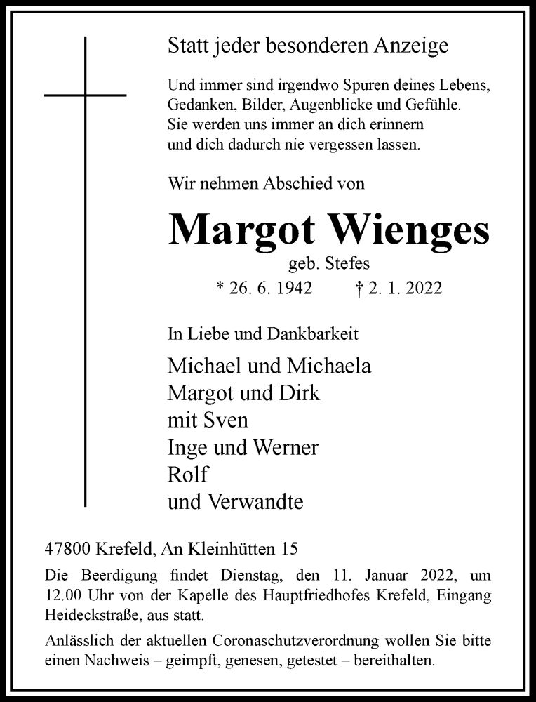  Traueranzeige für Margot Wienges vom 08.01.2022 aus Rheinische Post