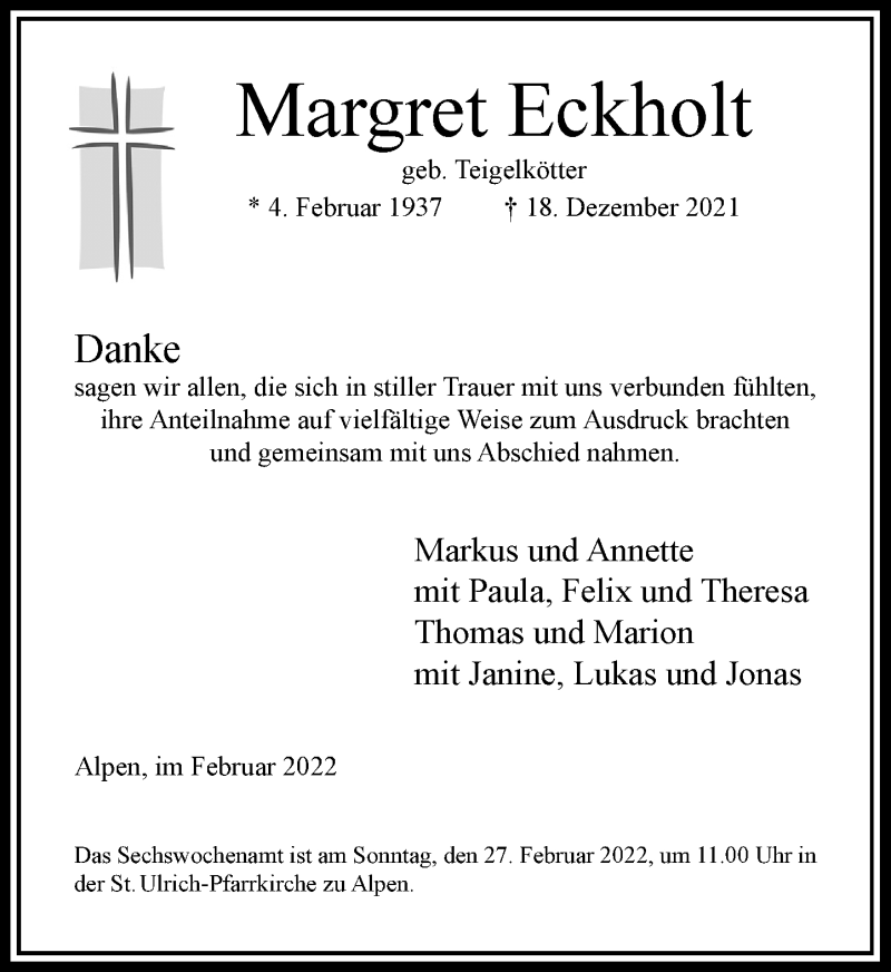  Traueranzeige für Margret Eckholt vom 19.02.2022 aus Rheinische Post