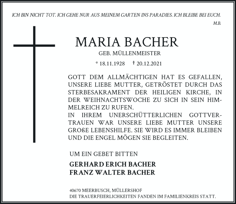  Traueranzeige für Maria Bacher vom 07.01.2022 aus Rheinische Post
