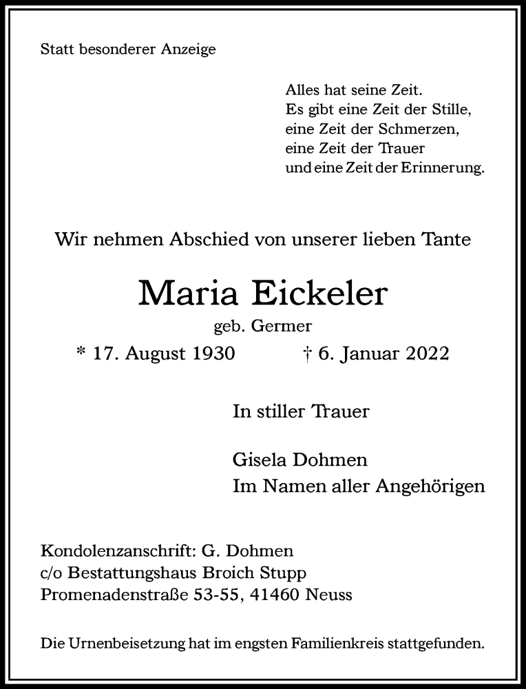  Traueranzeige für Maria Eickeler vom 22.01.2022 aus Rheinische Post