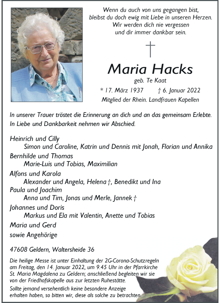  Traueranzeige für Maria Hacks vom 11.01.2022 aus Rheinische Post