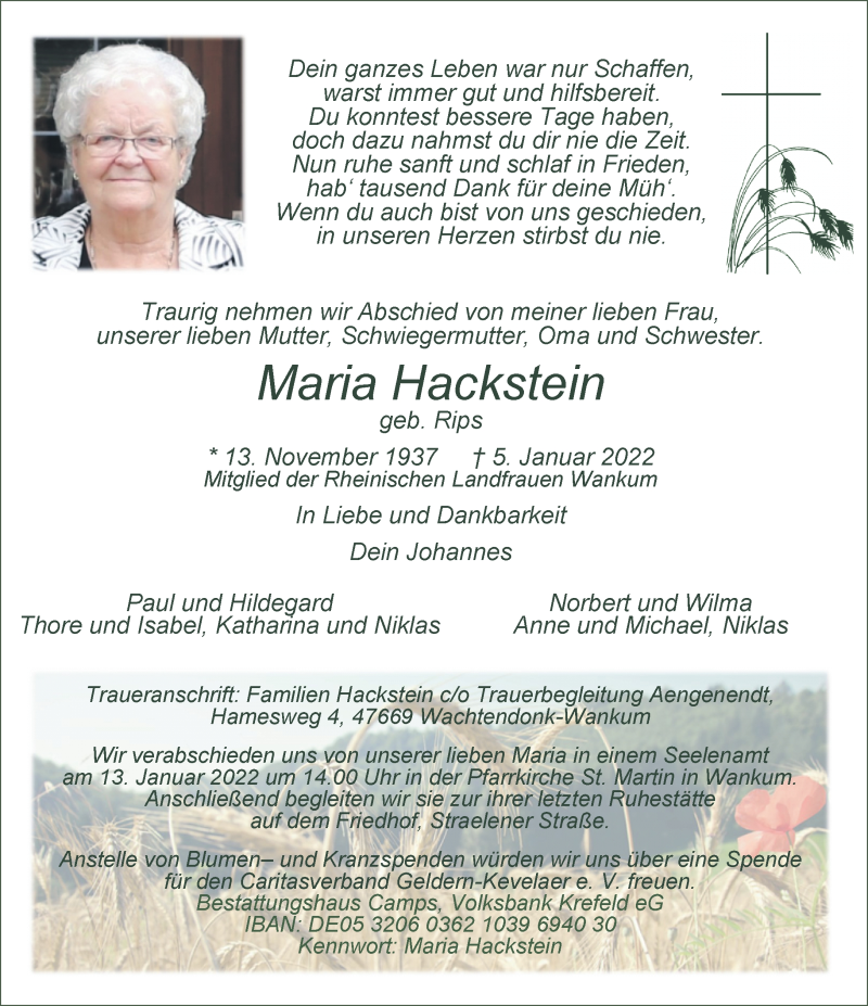  Traueranzeige für Maria Hackstein vom 08.01.2022 aus Rheinische Post