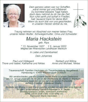 Traueranzeige von Maria Hackstein von Rheinische Post