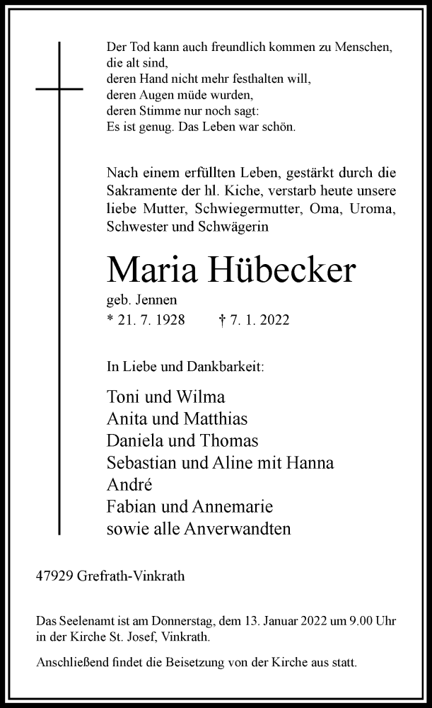  Traueranzeige für Maria Hübecker vom 08.01.2022 aus Rheinische Post