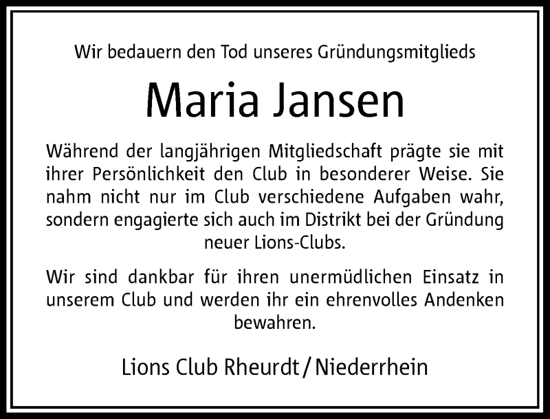  Traueranzeige für Maria Jansen vom 27.01.2022 aus Rheinische Post
