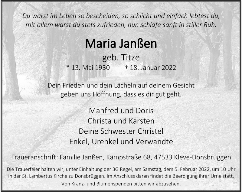  Traueranzeige für Maria Janßen vom 29.01.2022 aus Rheinische Post