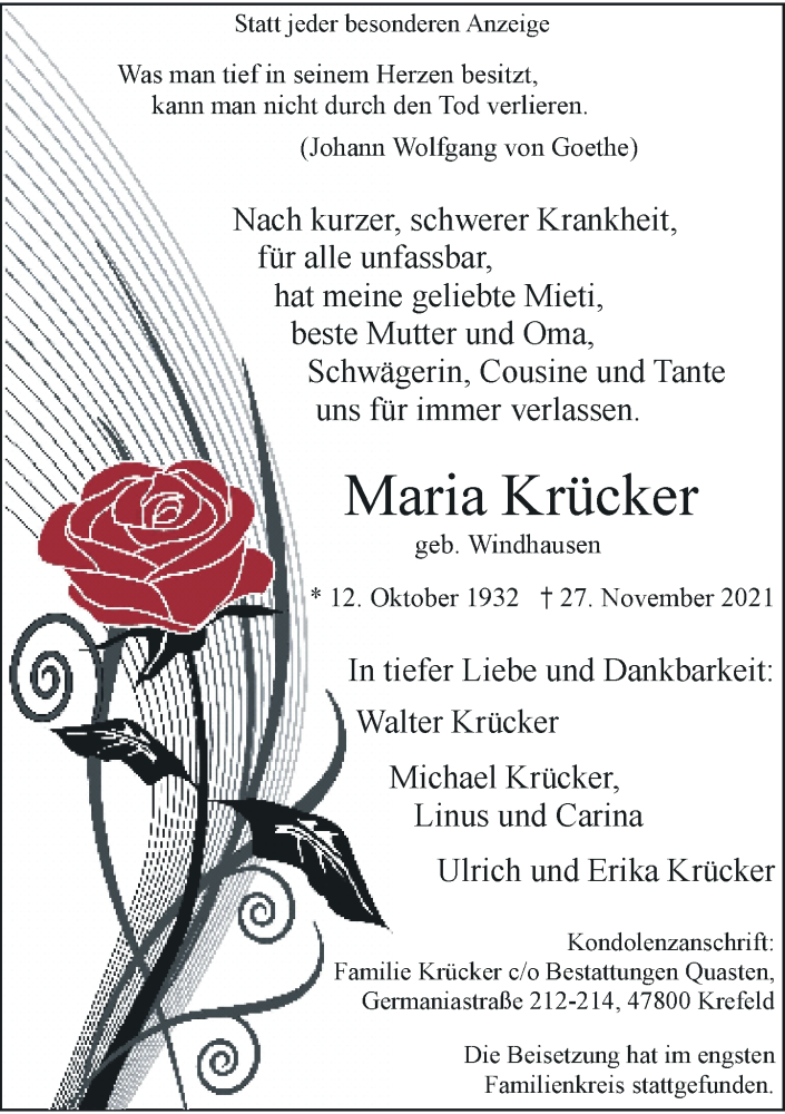  Traueranzeige für Maria Krücker vom 08.01.2022 aus Rheinische Post