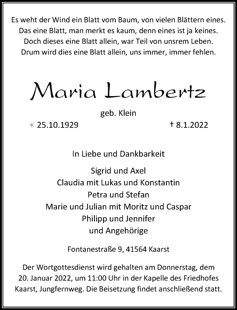  Traueranzeige für Maria Lambertz vom 15.01.2022 aus Rheinische Post
