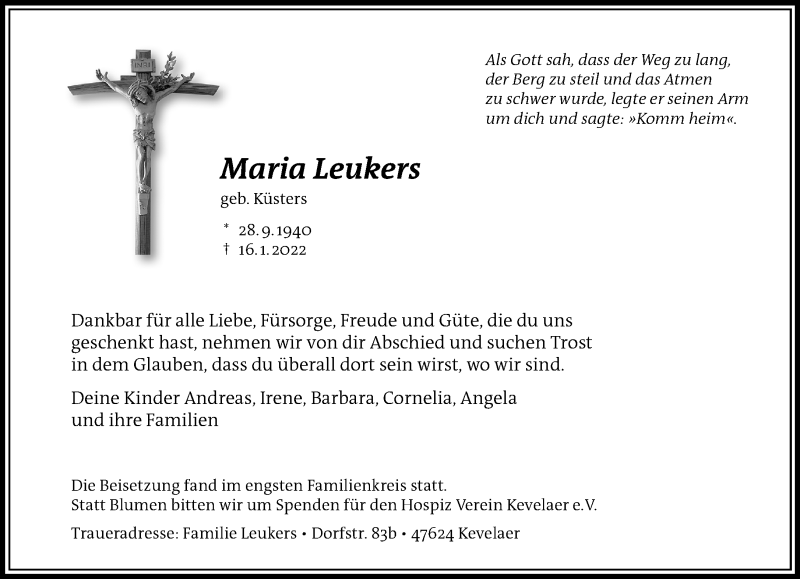  Traueranzeige für Maria Leukers vom 22.01.2022 aus Rheinische Post