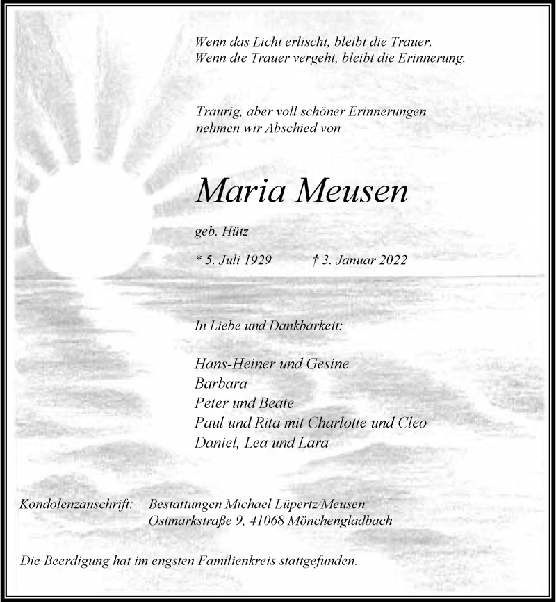 Traueranzeige für Maria Meusen vom 15.01.2022 aus Rheinische Post