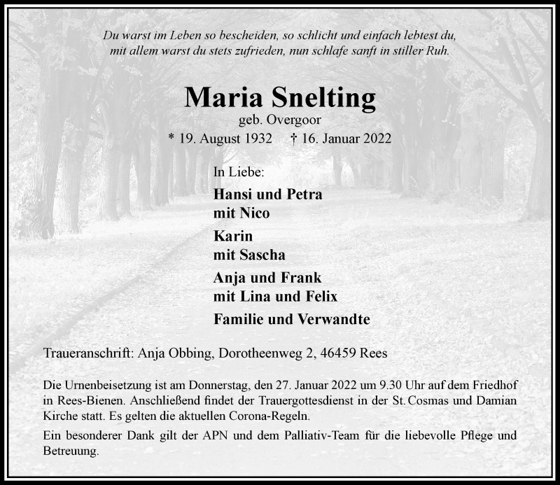  Traueranzeige für Maria Snelting vom 22.01.2022 aus Rheinische Post