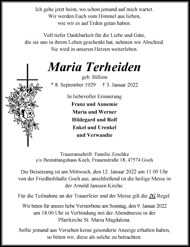  Traueranzeige für Maria Terheiden vom 08.01.2022 aus Rheinische Post