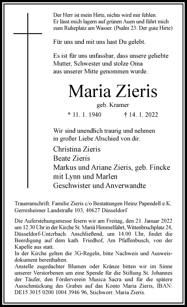  Traueranzeige für Maria Zieris vom 19.01.2022 aus Rheinische Post