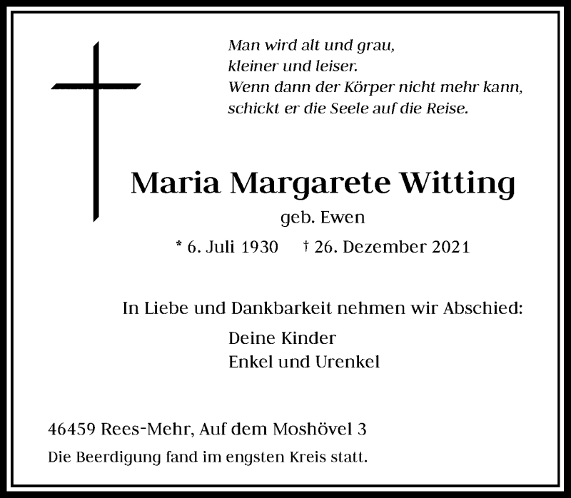  Traueranzeige für Maria Margarete Witting vom 12.01.2022 aus Rheinische Post