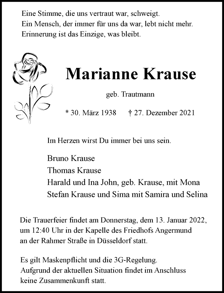  Traueranzeige für Marianne Krause vom 08.01.2022 aus Rheinische Post