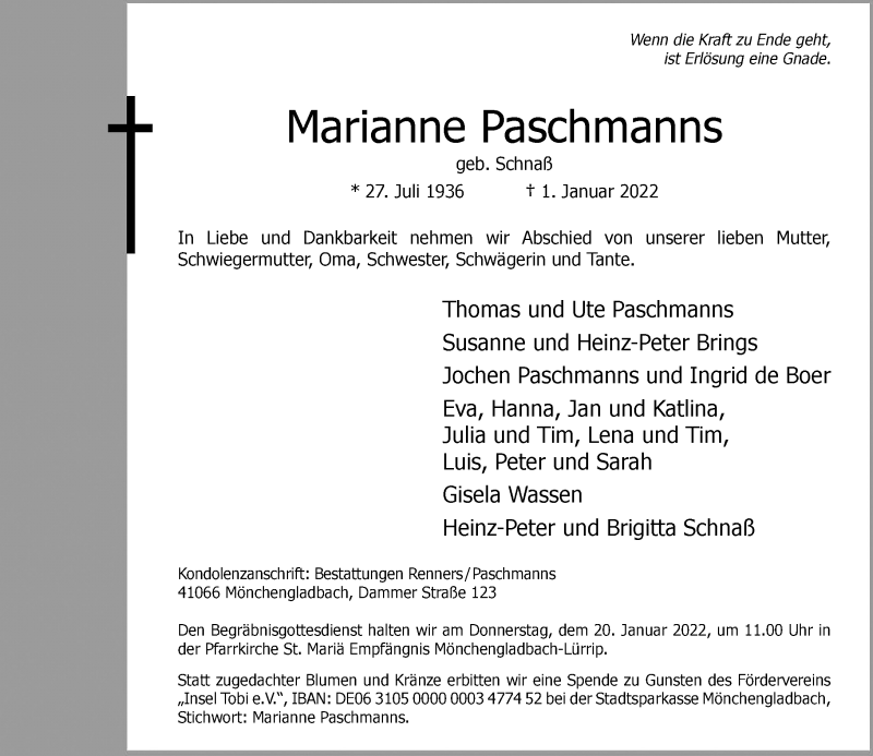  Traueranzeige für Marianne Paschmanns vom 15.01.2022 aus Rheinische Post