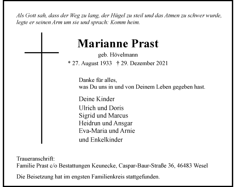  Traueranzeige für Marianne Prast vom 08.01.2022 aus Rheinische Post