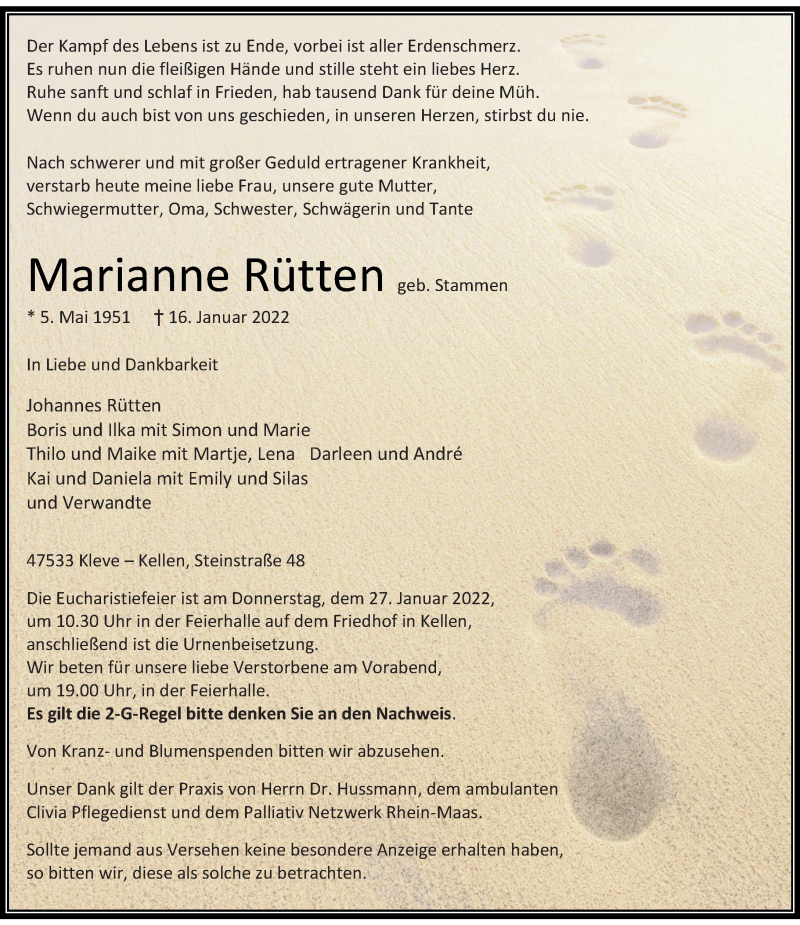  Traueranzeige für Marianne Rütten vom 22.01.2022 aus Rheinische Post